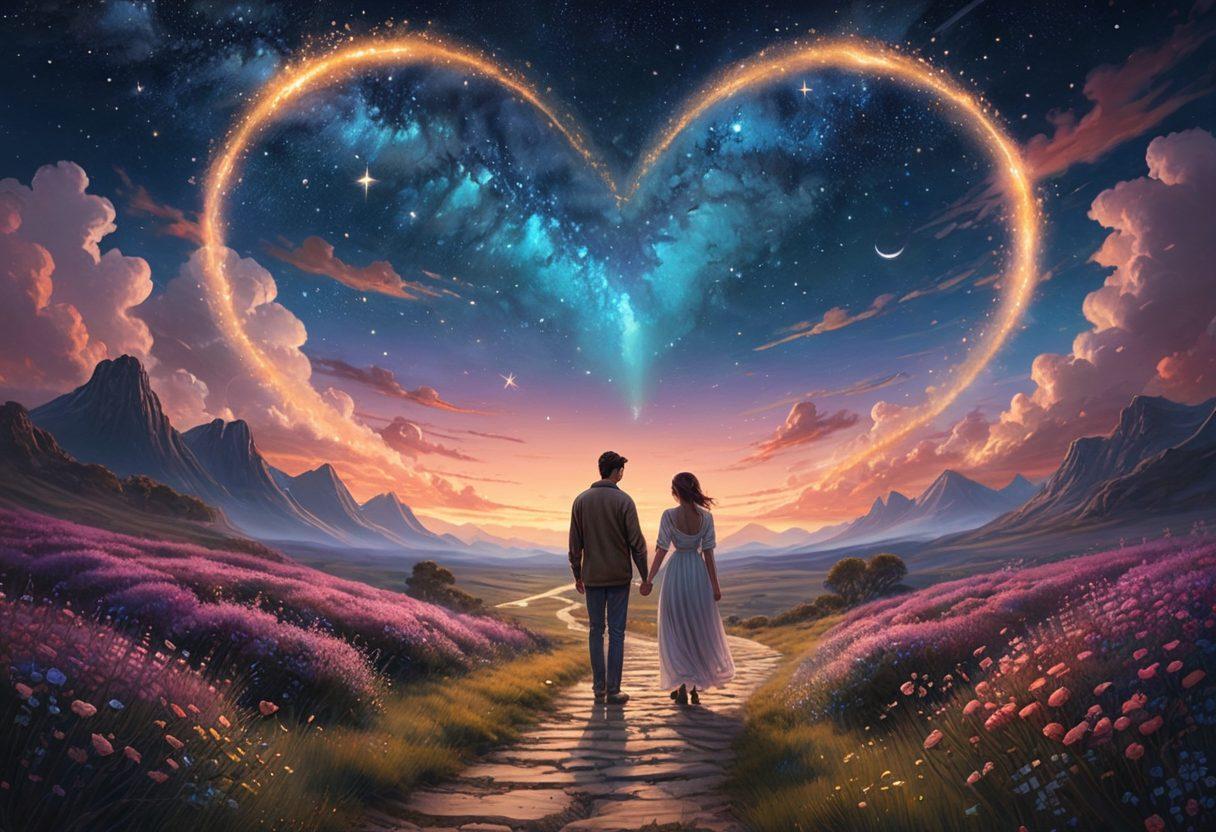 A couple holding hands, surrounded by glowing heart-shaped elements, immersed in a dreamy, starry night sky filled with soft clouds. The scene conveys warmth, intimacy, and connection, with a winding path representing their journey through love. Gentle light illuminating their faces enhances the emotion. super-realistic. vibrant colors. dreamy atmosphere.