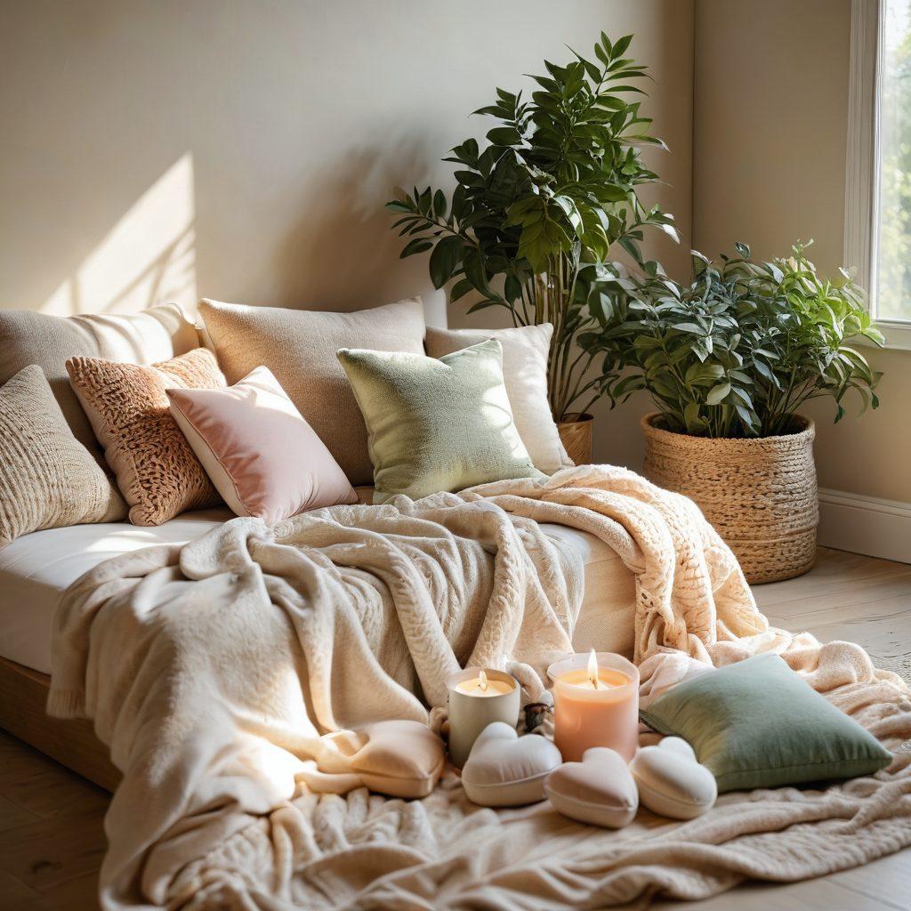 A warm and cozy scene of a couple sitting together in a sunlit room, surrounded by soft textures and plants, sharing a heartfelt moment. Their intertwined hands and loving gazes capture the essence of intimacy, while symbols of love like heart-shaped decor and a gift box are subtly placed around them. The color palette should be soft pastels, evoking a sense of calm and affection. super-realistic. vibrant colors. soft focus.