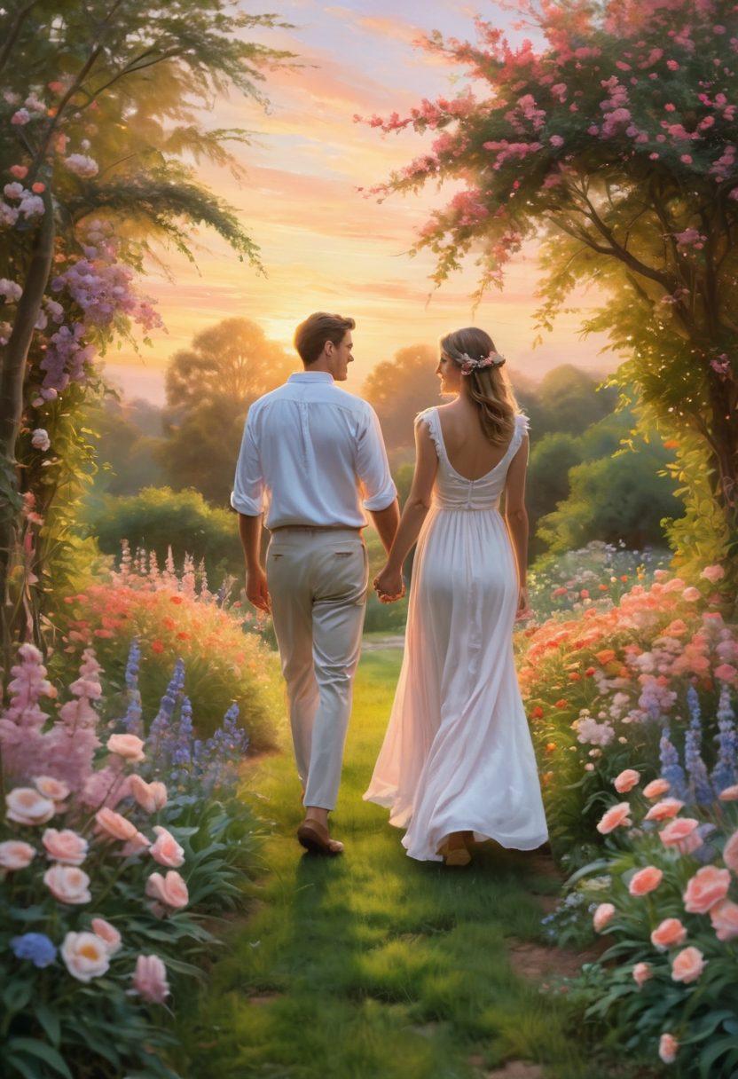 A serene couple walking hand-in-hand through a lush garden, surrounded by blooming flowers symbolizing growth and devotion. In the background, a soft sunset casts a warm glow, illustrating the transition from attraction to deep love. Their expressions reflect happiness and connection, embodying the essence of lasting romance. The scene conveys warmth, hope, and tranquility. soft pastel colors. impressionist.